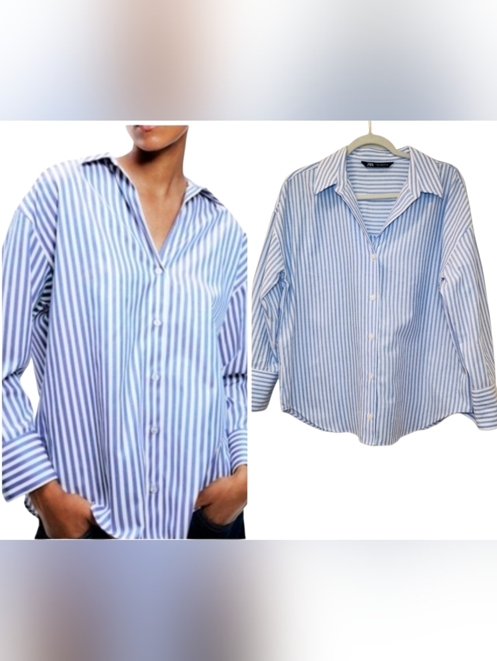 Zara woman's light blue and white striped casual button-down shirt Size Meduim